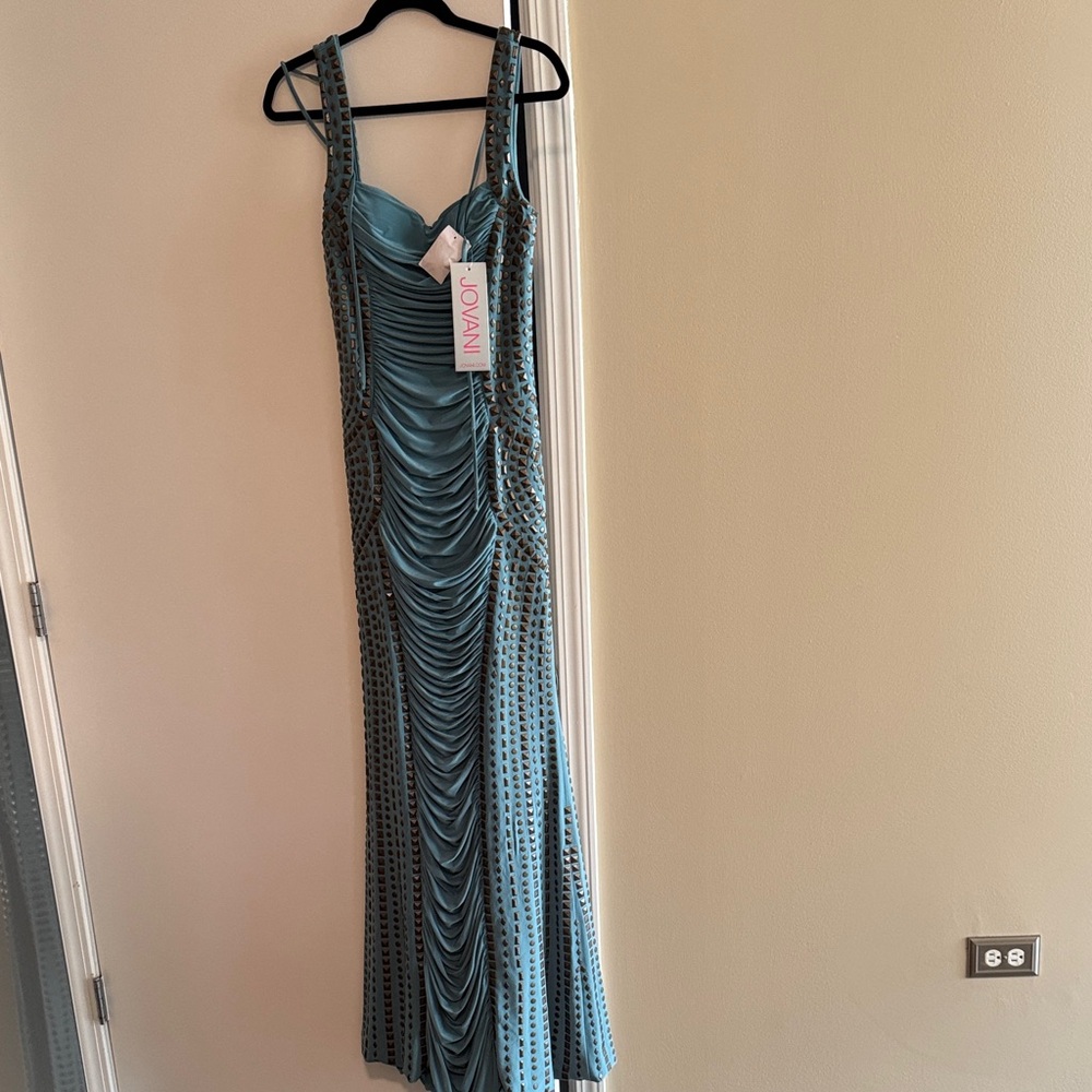 Jovani Teal Studded Evening Gown